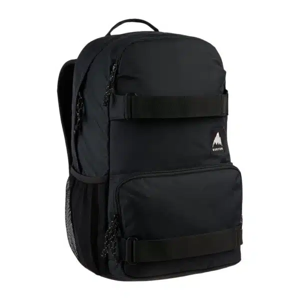 Μαύρο unisex σακίδιο Burton Treble Yell 21L με εργονομικούς ιμάντες ώμου, πλαϊνές θήκες για μπουκάλι και ιμάντες μεταφοράς skateboard.