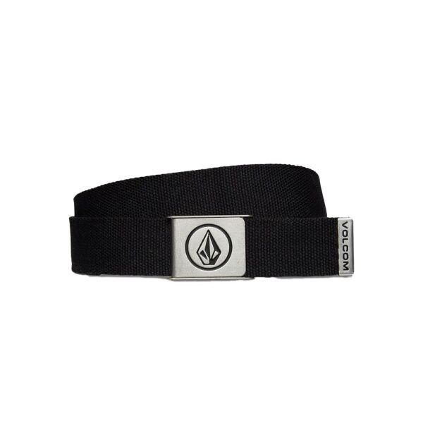 Volcom Circle Web Belt μαύρη υφαντή ζώνη με μεταλλική αγκράφα, λογότυπο Volcom Stone και ενσωματωμένο ανοιχτήρι μπουκαλιών.
