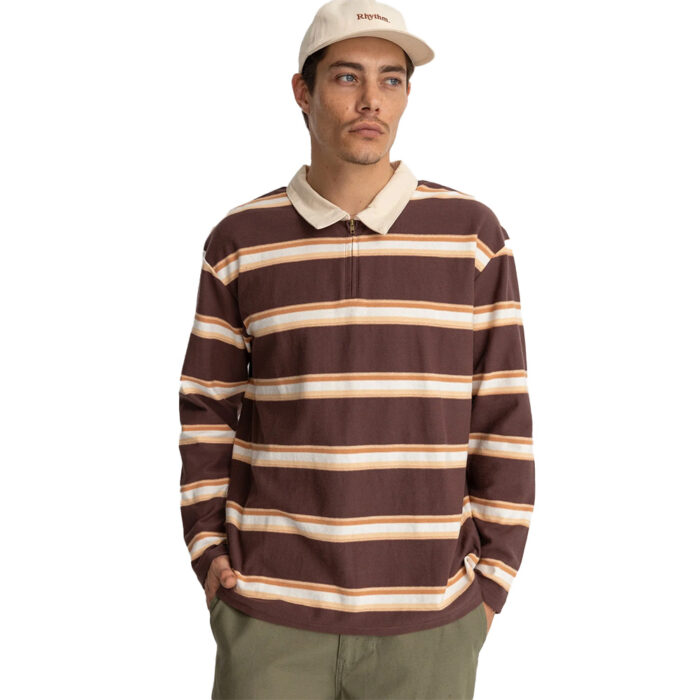Rhythm Vintage Stripe Polo LS Chocolate