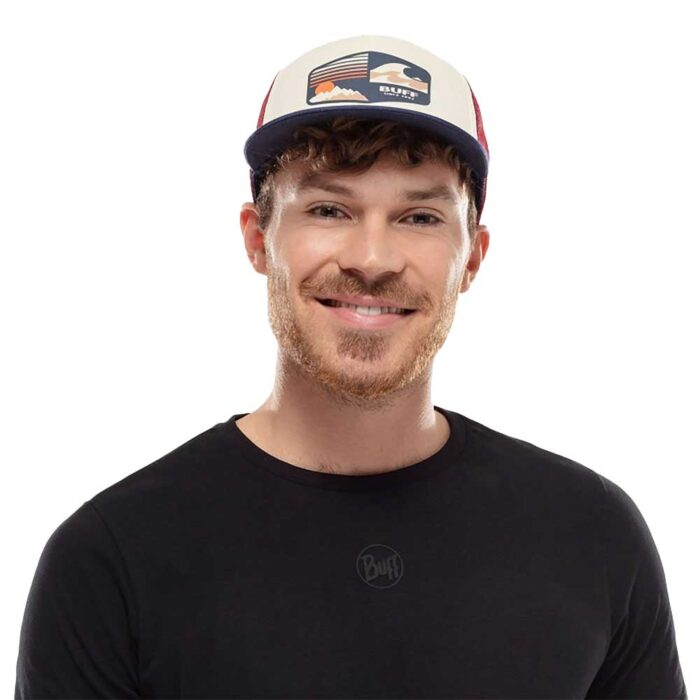 Buff Jari Trucker Cap σε μέγεθος L-XL με ρυθμιζόμενο γείσο, διάτρητη πλάτη και πολύχρωμο σχέδιο.