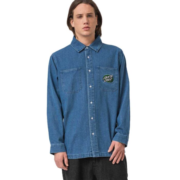 santa cruz global oval dot denim shirt classic blue τζιν πουκάμισο με δύο patch τσέπες, κέντημα και καμπυλωτό τελείωμα