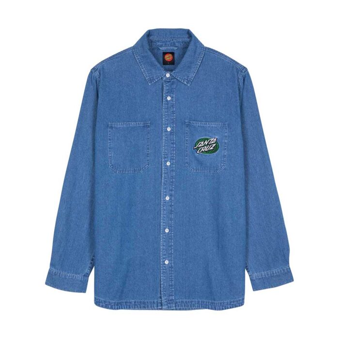 santa cruz global oval dot denim shirt classic blue τζιν πουκάμισο με δύο patch τσέπες, κέντημα και καμπυλωτό τελείωμα