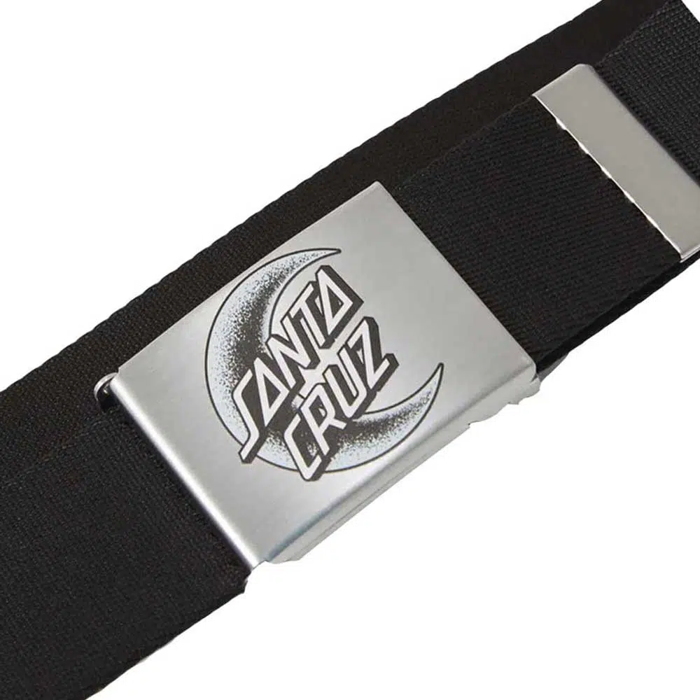 Santa Cruz Moon Dot Belt – μαύρη ζώνη με μεταλλικό buckle και τυπωμένο Moon Dot λογότυπο Santa Cruz.