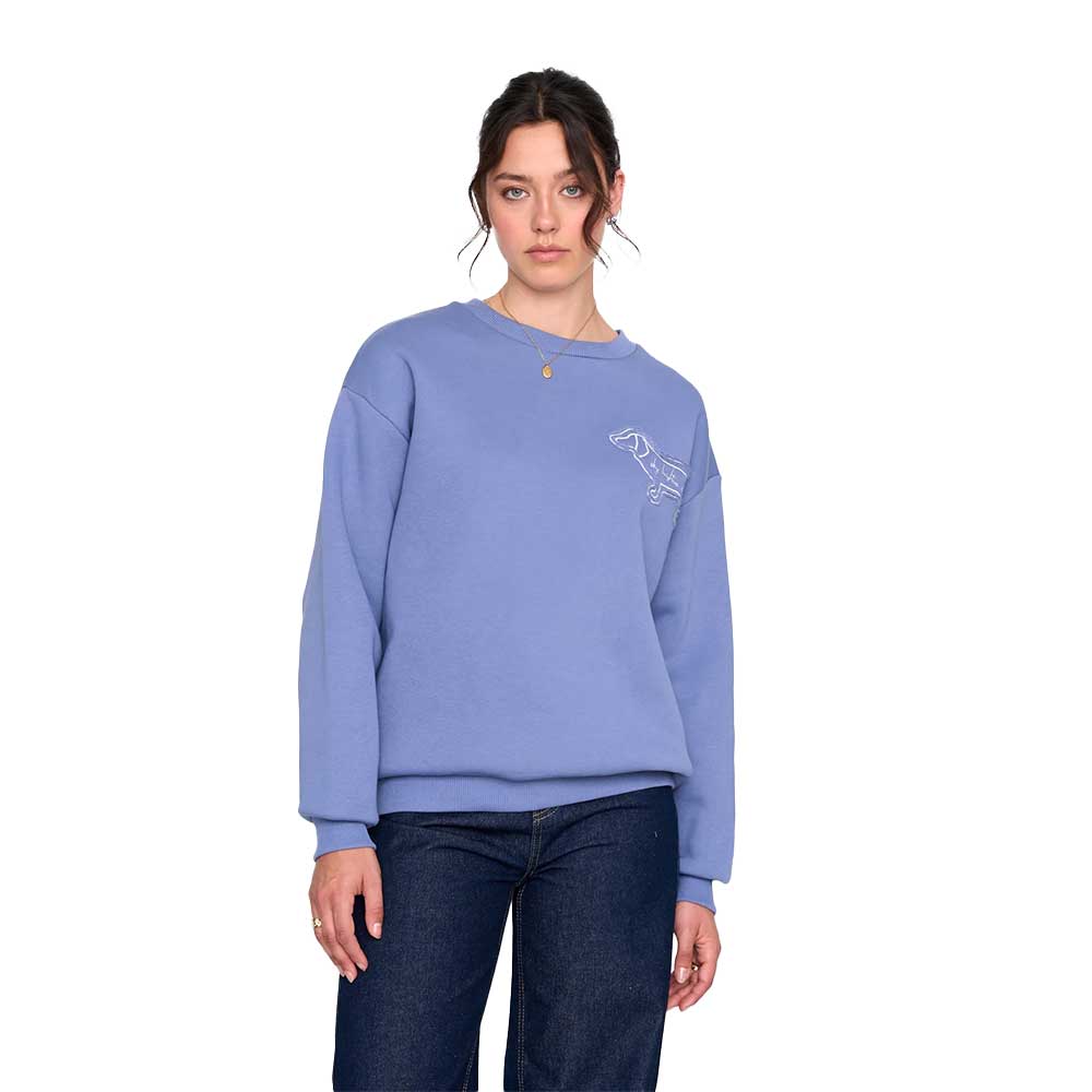 Γυναικείο μπλε crewneck 24colours με σύνθεση 62% βαμβάκι 38% πολυεστέρας, λάστιχο στα τελειώματα και κέντημα σκύλου με μήνυμα pawsitive vibes only