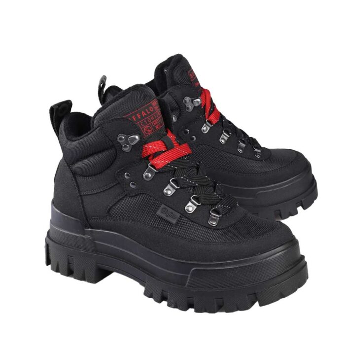 Buffalo Aspha Com Hike Black – ανδρικά μαύρα vegan μποτάκια με χοντρή προφίλ σόλα και κόκκινα/μαύρα κορδόνια, PETA Approved.