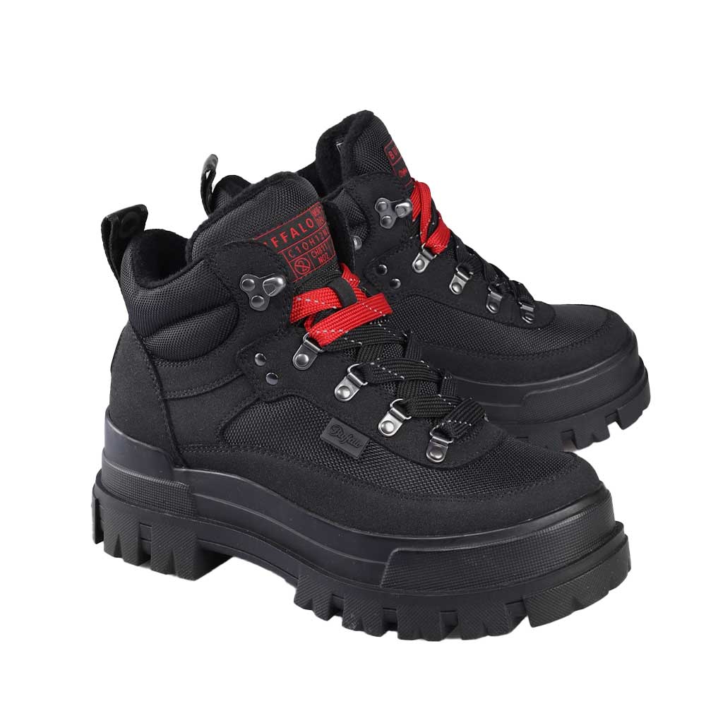 Buffalo Aspha Com Hike Black – ανδρικά μαύρα vegan μποτάκια με χοντρή προφίλ σόλα και κόκκινα/μαύρα κορδόνια, PETA Approved.