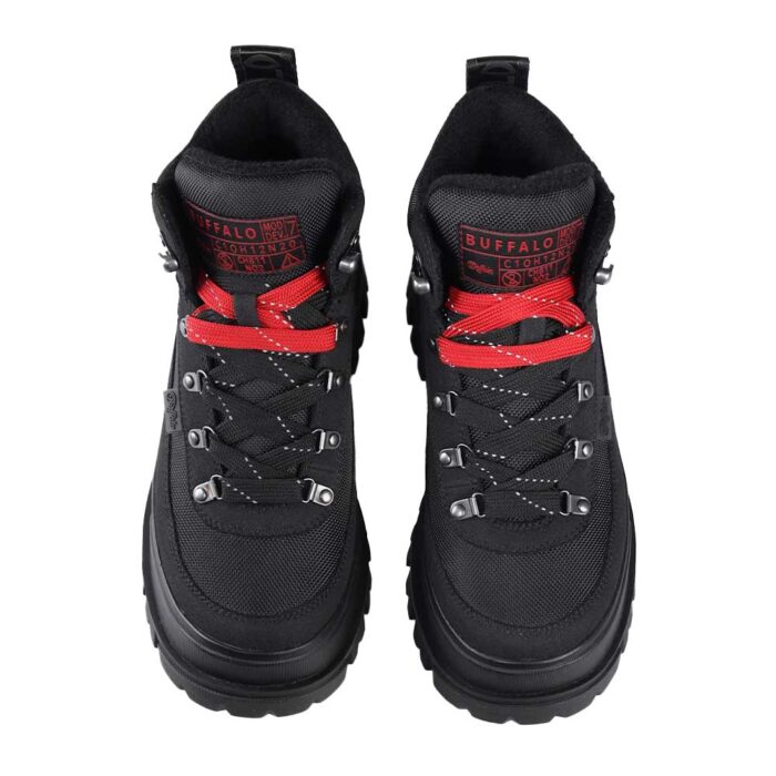 Buffalo Aspha Com Hike Black – ανδρικά μαύρα vegan μποτάκια με χοντρή προφίλ σόλα και κόκκινα/μαύρα κορδόνια, PETA Approved.