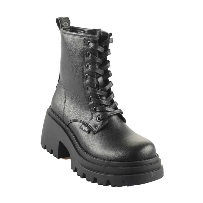 Buffalo Bravr Lace Up — μαύρα vegan μποτάκια με πλατφόρμα και αποσπώμενο πάτο memory foam, PETA Approved.
