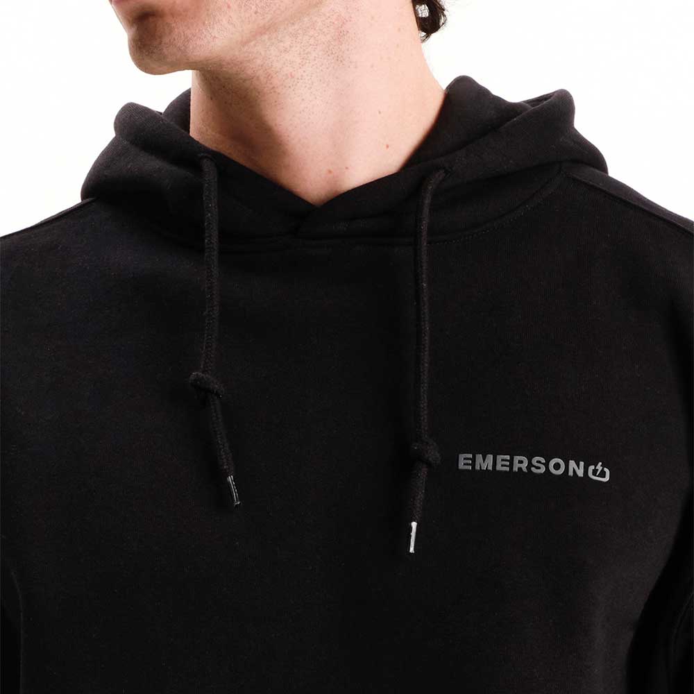 emerson logo hoodie black ανδρικό φούτερ με κουκούλα, fleece υφή, κρυφή τσέπη κινητού και λογότυπο υψηλής πυκνότητας στο στήθος