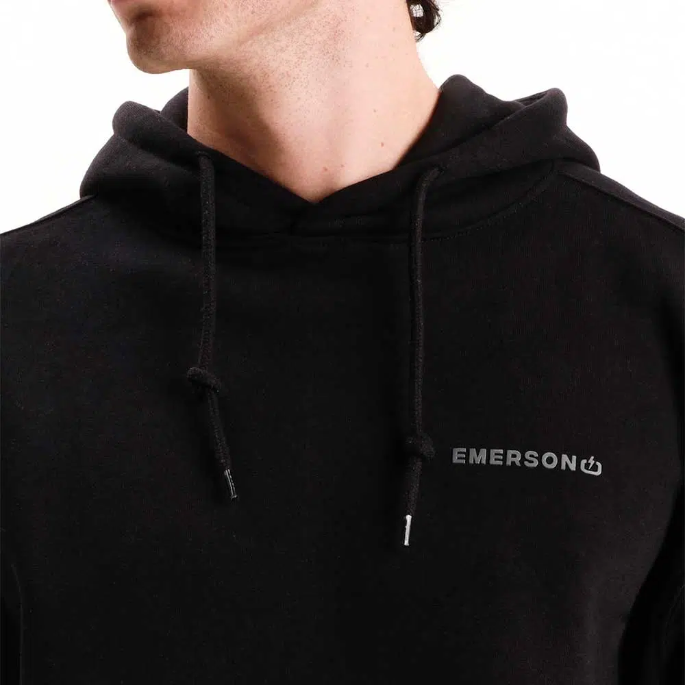 emerson logo hoodie black ανδρικό φούτερ με κουκούλα, fleece υφή, κρυφή τσέπη κινητού και λογότυπο υψηλής πυκνότητας στο στήθος