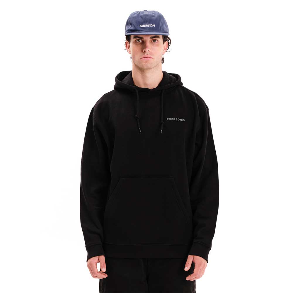 emerson logo hoodie black ανδρικό φούτερ με κουκούλα, fleece υφή, κρυφή τσέπη κινητού και λογότυπο υψηλής πυκνότητας στο στήθος