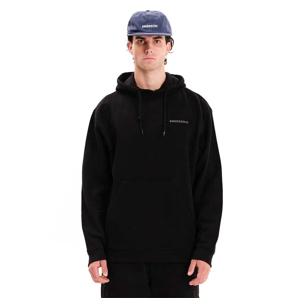 emerson logo hoodie black ανδρικό φούτερ με κουκούλα, fleece υφή, κρυφή τσέπη κινητού και λογότυπο υψηλής πυκνότητας στο στήθος