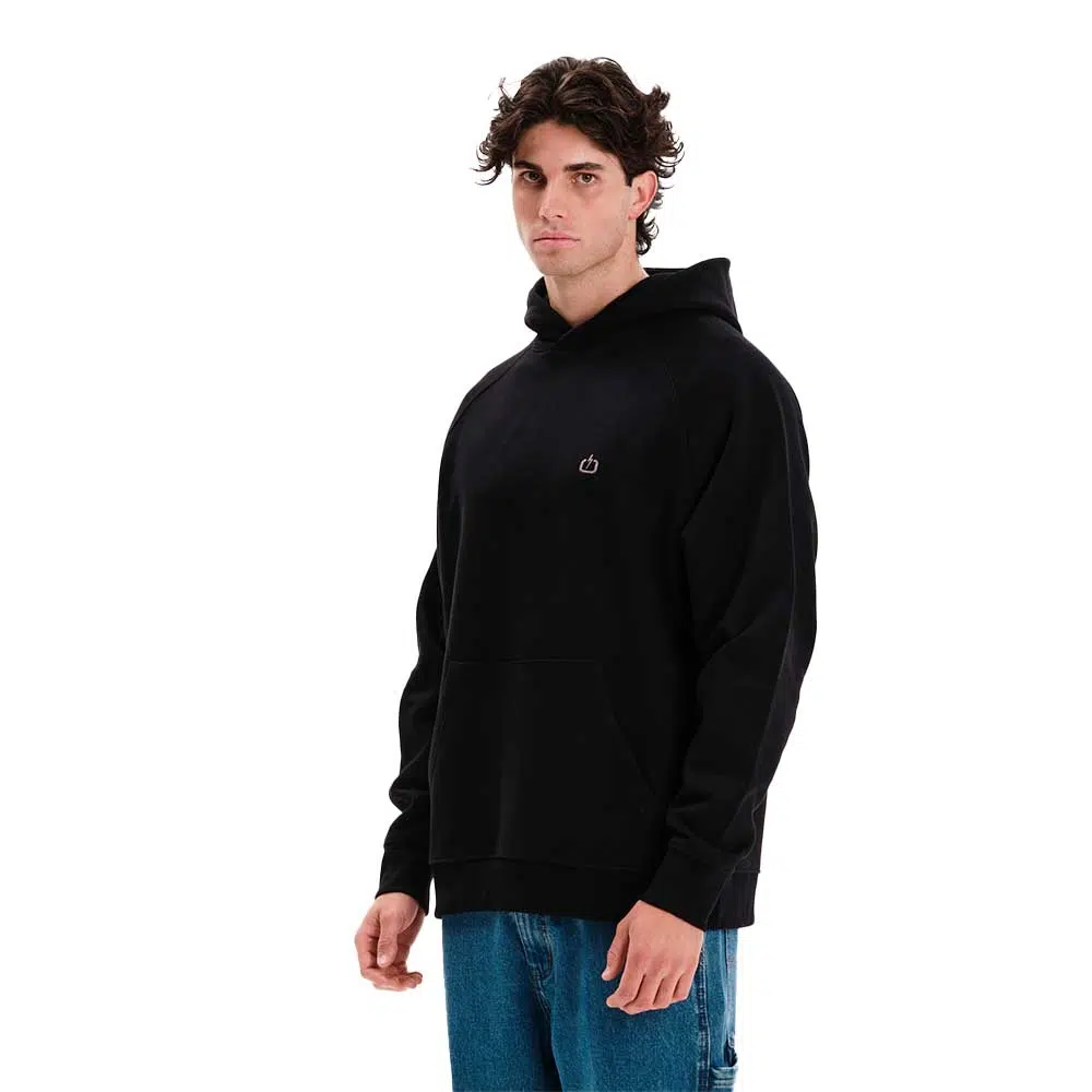 emerson logo hoodie black ανδρικό φούτερ με κουκούλα, fleece υφή, κρυφή τσέπη κινητού και λογότυπο υψηλής πυκνότητας στο στήθος