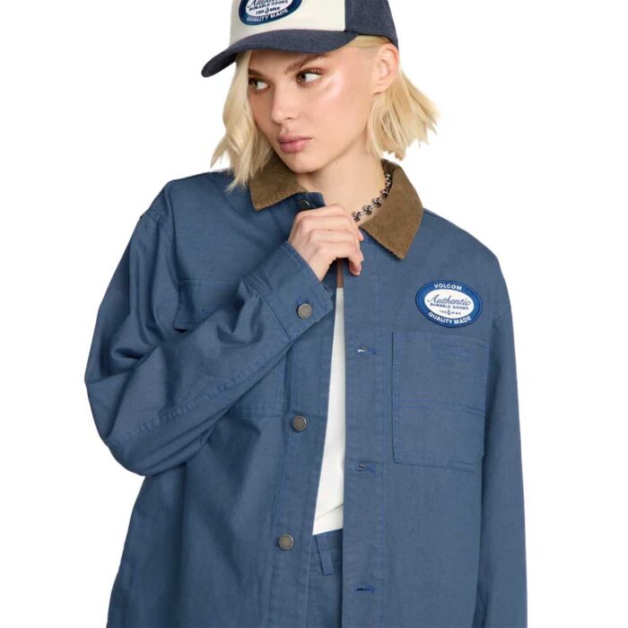 volcom full cut work jacket harbor blue γυναικείο denim style jacket με corduroy γιακά, κουμπιά και workwear patch