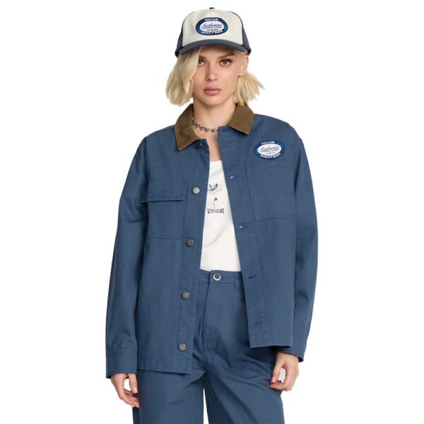 volcom full cut work jacket harbor blue γυναικείο denim style jacket με corduroy γιακά, κουμπιά και workwear patch