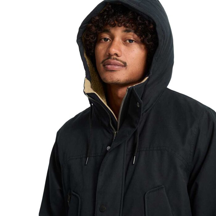volcom starget 5k parka jacket black ανδρικό parka με κουκούλα, sherpa επένδυση, αντοχή στο νερό 5000mm, το μοντέλο 185cm φοράει L