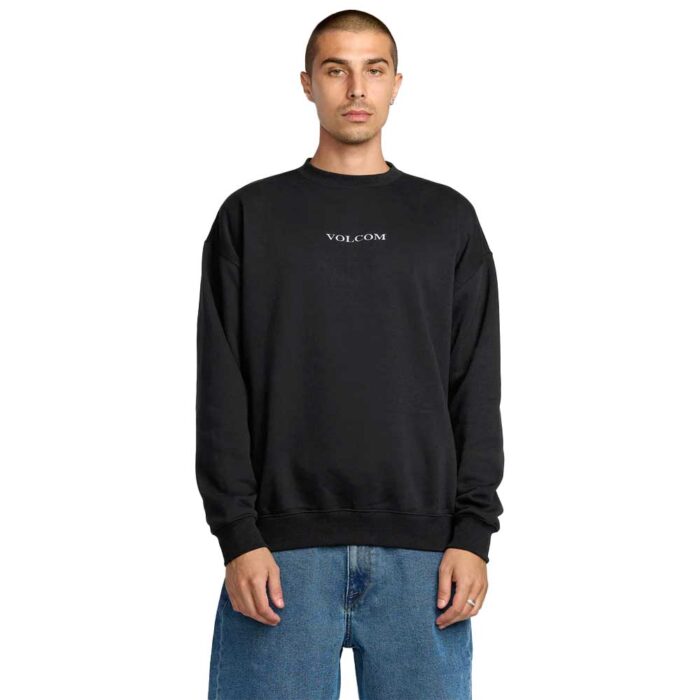 volcom stone crew fleece black ανδρικό crewneck sweatshirt με loose fit, κεντρικό κέντημα volcom, το μοντέλο 180cm φοράει M