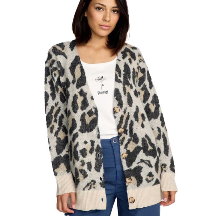 volcom wylding out cardigan animal print γυναικείο loose fit ζακέτα με v λαιμόκοψη, oversized κουμπιά και μεταλλικό badge