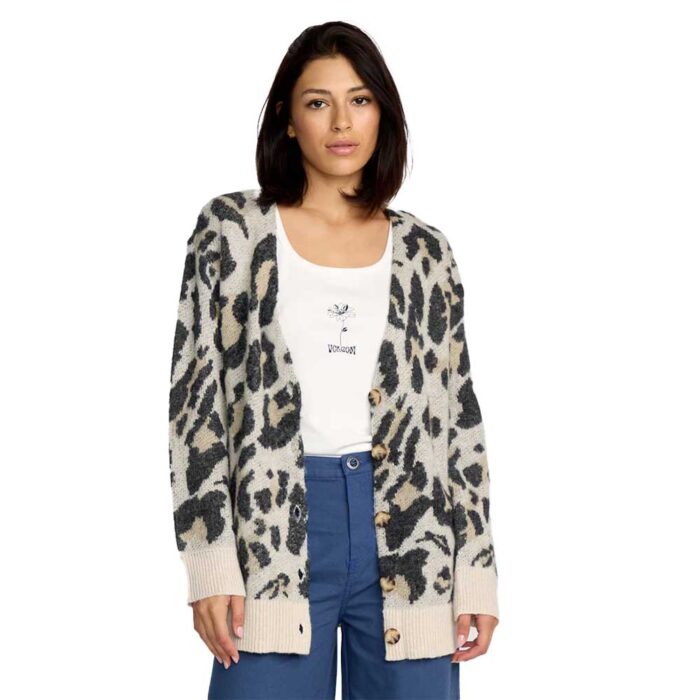 volcom wylding out cardigan animal print γυναικείο loose fit ζακέτα με v λαιμόκοψη, oversized κουμπιά και μεταλλικό badge