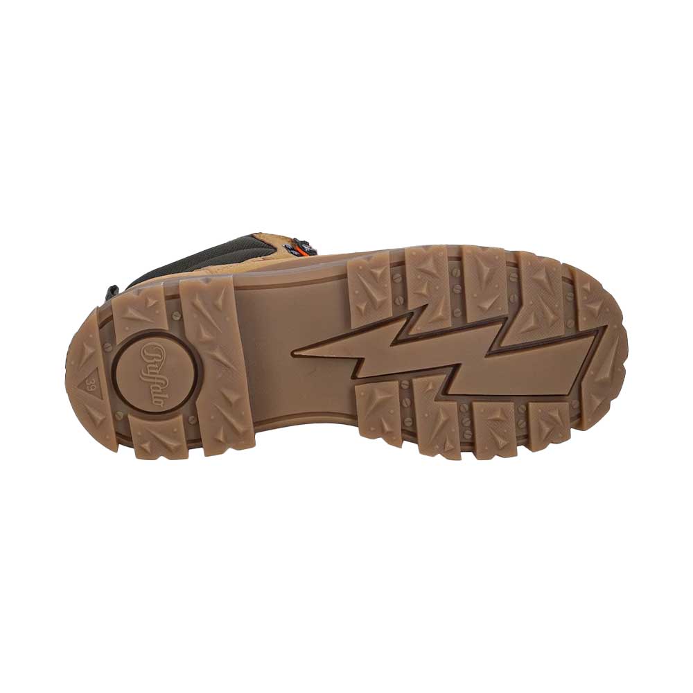 Γυναικεία μποτάκια Buffalo Aspha Hike Com Mid σε μπεζ χρώμα, vegan, με Memory Foam εσωτερική σόλα, αφαιρούμενο πάτο και κορδόνια για σταθερή εφαρμογή.