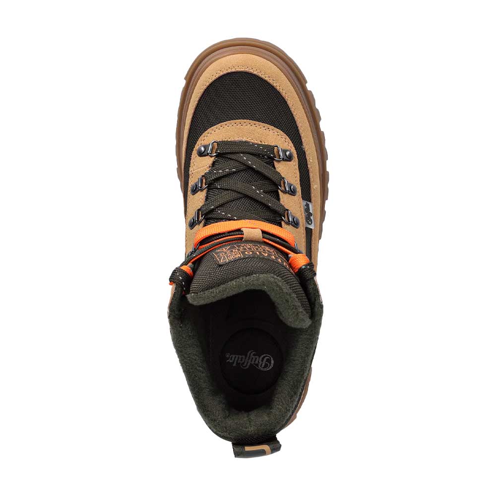 Γυναικεία μποτάκια Buffalo Aspha Hike Com Mid σε μπεζ χρώμα, vegan, με Memory Foam εσωτερική σόλα, αφαιρούμενο πάτο και κορδόνια για σταθερή εφαρμογή.
