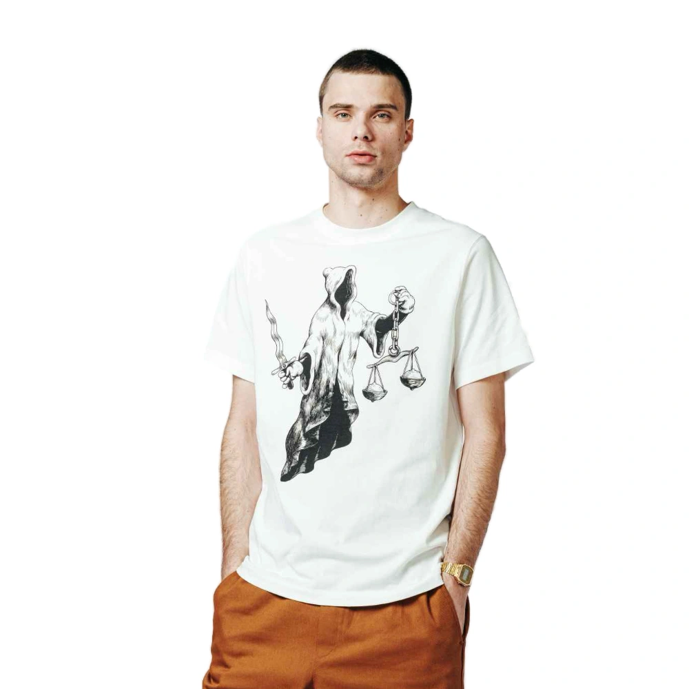 The Dudes Justits T-shirt Off-White by McBess, organic cotton streetwear tee με relaxed fit και woven Dudes label.