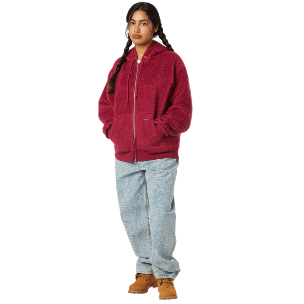 “Unisex berry full-zip hoodie HUF Corso σε heavyweight fleece με μπροστινές τσέπες και woven label.”