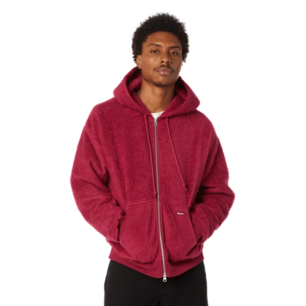 “Unisex berry full-zip hoodie HUF Corso σε heavyweight fleece με μπροστινές τσέπες και woven label.”