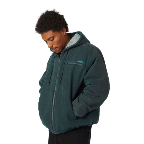 Unisex HUF What A Jungle evergreen denim work jacket με shearling και embroidered art.”