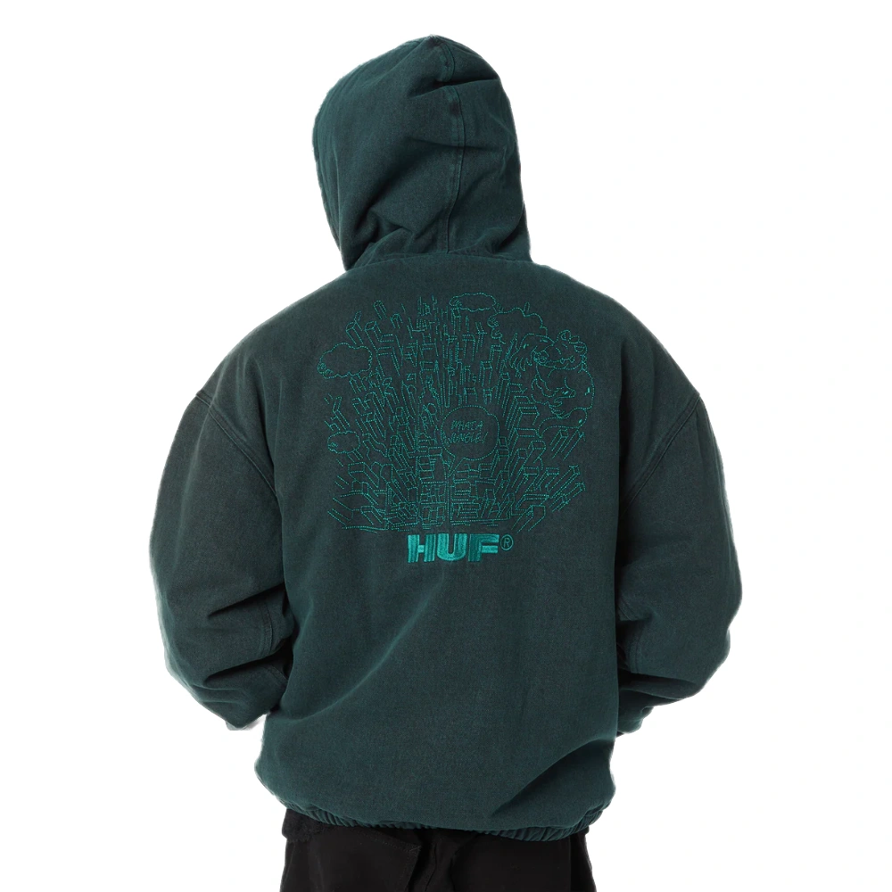 Unisex HUF What A Jungle evergreen denim work jacket με shearling και embroidered art.”