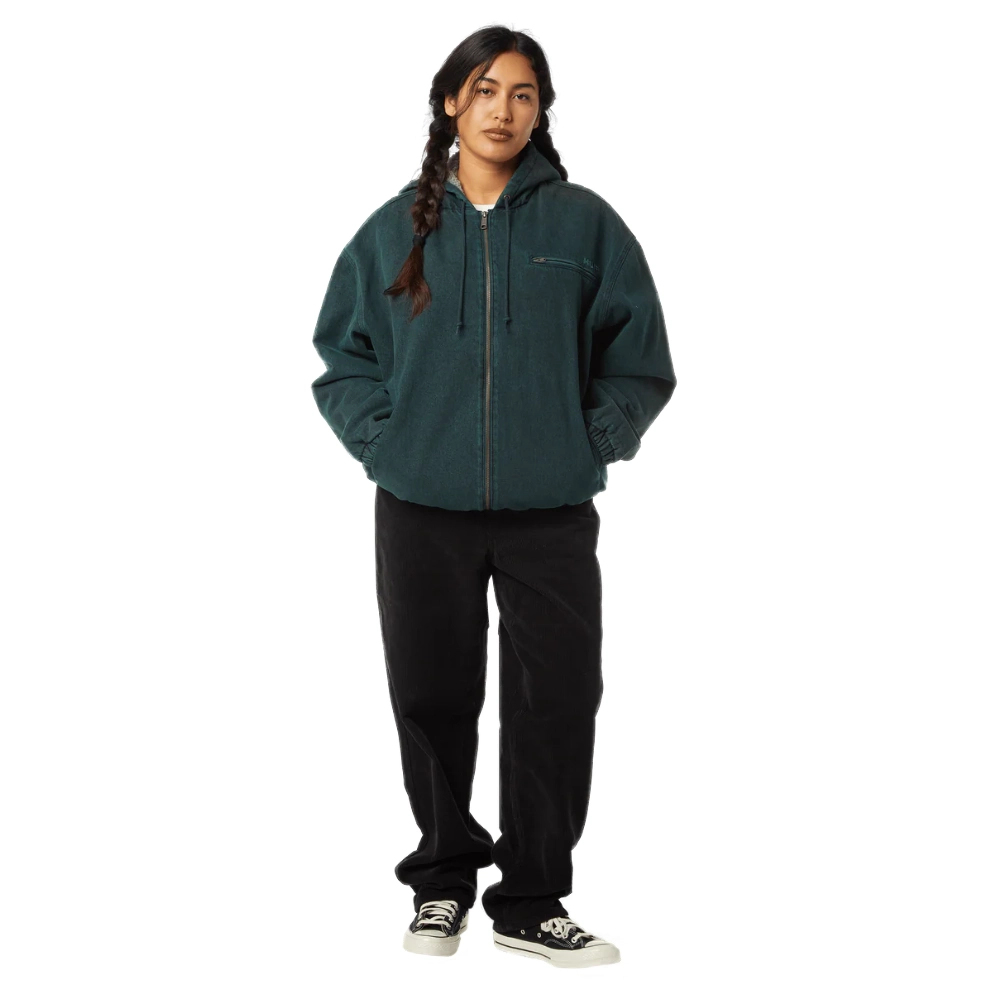 Unisex HUF What A Jungle evergreen denim work jacket με shearling και embroidered art.”