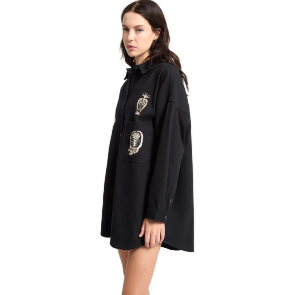Μαύρο oversized Volcom shirt dress με embroidered λεπτομέρειες και μακριά μανίκια.