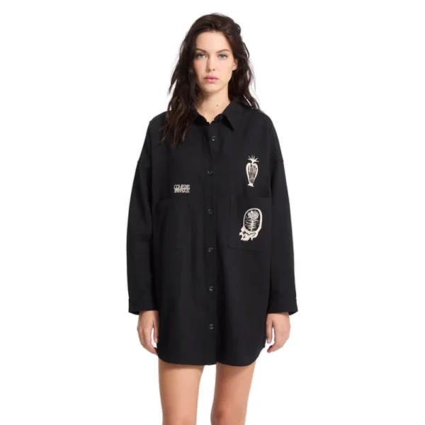 Μαύρο oversized Volcom shirt dress με embroidered λεπτομέρειες και μακριά μανίκια.