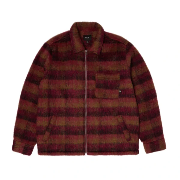 Unisex fuzzy καρό jacket HUF Megablast Plaid Berry με two-way zip και τσέπη στο στήθος.