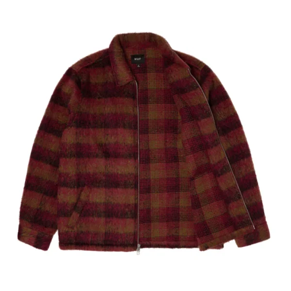 Unisex fuzzy καρό jacket HUF Megablast Plaid Berry με two-way zip και τσέπη στο στήθος.