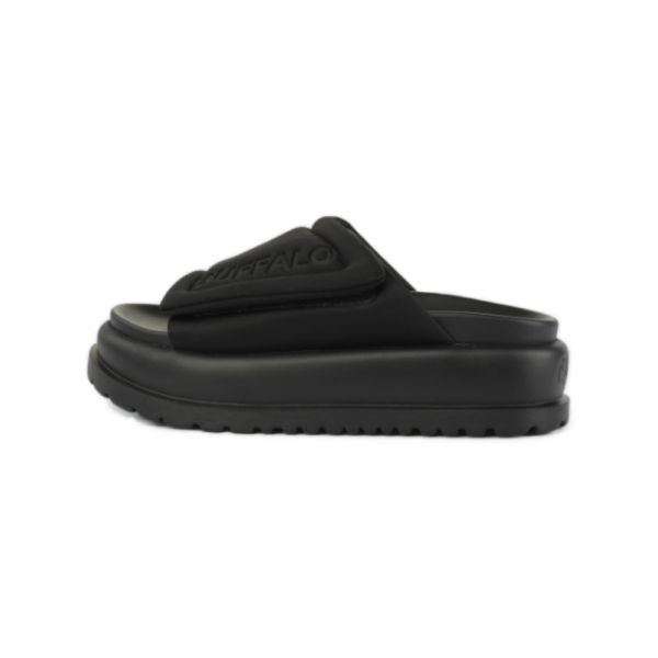Γυναικεία μαύρα σανδάλια Buffalo Palma Velcro με ψηλή πλατφόρμα και λευκό λογότυπο Buffalo, διαθέσιμο στο ns97.gr στην καστορια.