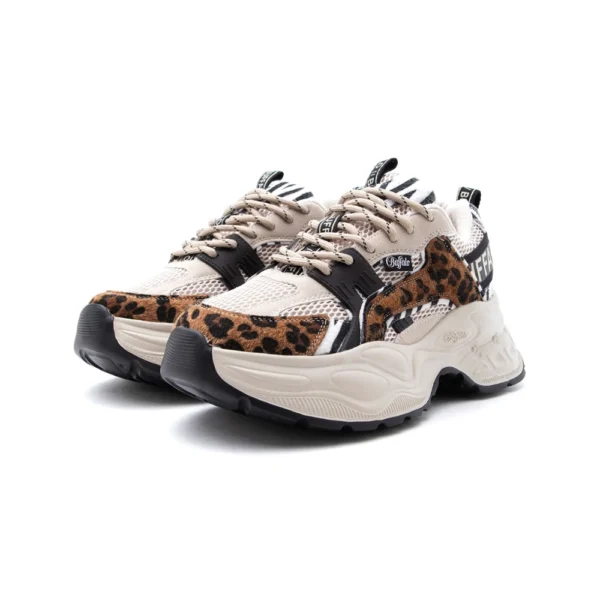 Γυναικεία μπεζ sneakers Buffalo Yuno Mesh με animal print λεπτομέρειες και ανάλαφρη σόλα, διαθέσιμο στο ns97.gr στην καστορια.