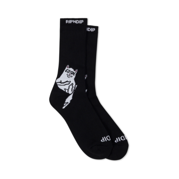 Μαύρες βαμβακερές κάλτσες RIPNDIP Lord Nermal με τη χαρακτηριστική λευκή γάτα σε ένα μέγεθος, διαθέσιμο στο ns97.gr στην καστορια.