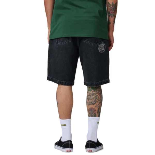 Ανδρική μαύρη denim βερμούδα Santa Cruz Stamped Big Shorts με λευκές ραφές και τυπώματα σε φαρδιά γραμμή, διαθέσιμο στο ns97.gr στην καστορια.
