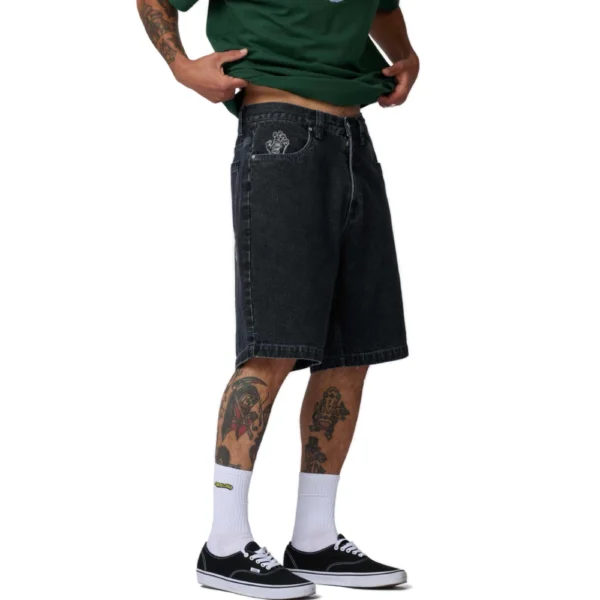 Ανδρική μαύρη denim βερμούδα Santa Cruz Stamped Big Shorts με λευκές ραφές και τυπώματα σε φαρδιά γραμμή, διαθέσιμο στο ns97.gr στην καστορια.