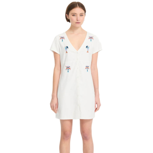 Γυναικείο λευκό φόρεμα Volcom Bruno Lucas με κεντημένα σχέδια στην πρόσοψη, διαθέσιμο στο ns97.gr.