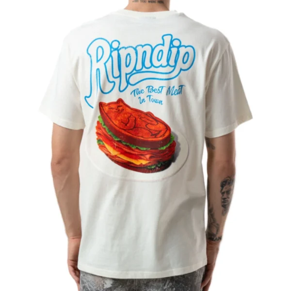 Ανδρικό εκρού κοντομάνικο μπλουζάκι Ripndip Best Meat με Lord Nermal γραφικό διαθέσιμο στο ns97.gr στην καστορια.
