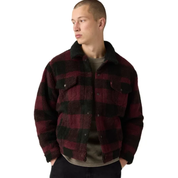 Ανδρικό καρό μπουφάν Levi's Type 3 Sherpa Padded Trucker Jacket σε μπορντό χρώμα διαθέσιμο στο ns97.gr Kastoria.