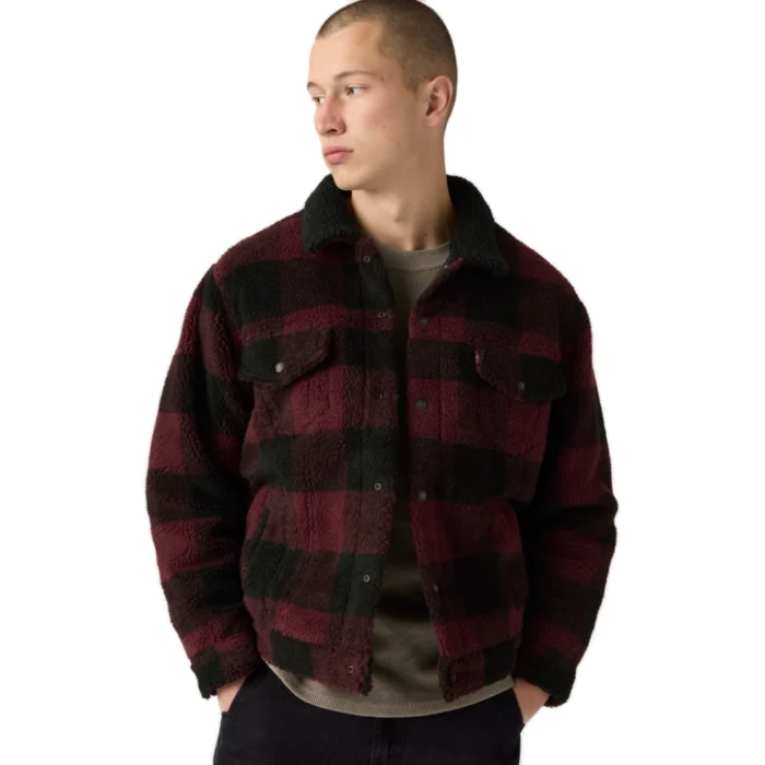 Ανδρικό καρό μπουφάν Levi's Type 3 Sherpa Padded Trucker Jacket σε μπορντό χρώμα διαθέσιμο στο ns97.gr Kastoria.