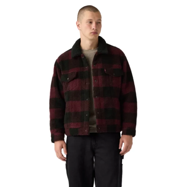 Ανδρικό καρό μπουφάν Levi's Type 3 Sherpa Padded Trucker Jacket σε μπορντό χρώμα διαθέσιμο στο ns97.gr Kastoria.