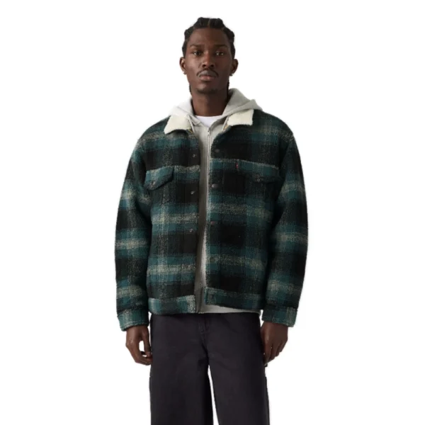 Ανδρικό καρό μπουφάν Levi's Type 3 Sherpa Padded Trucker Jacket σε γκρι πράσινο χρώμα διαθέσιμο στο ns97.gr Kastoria.