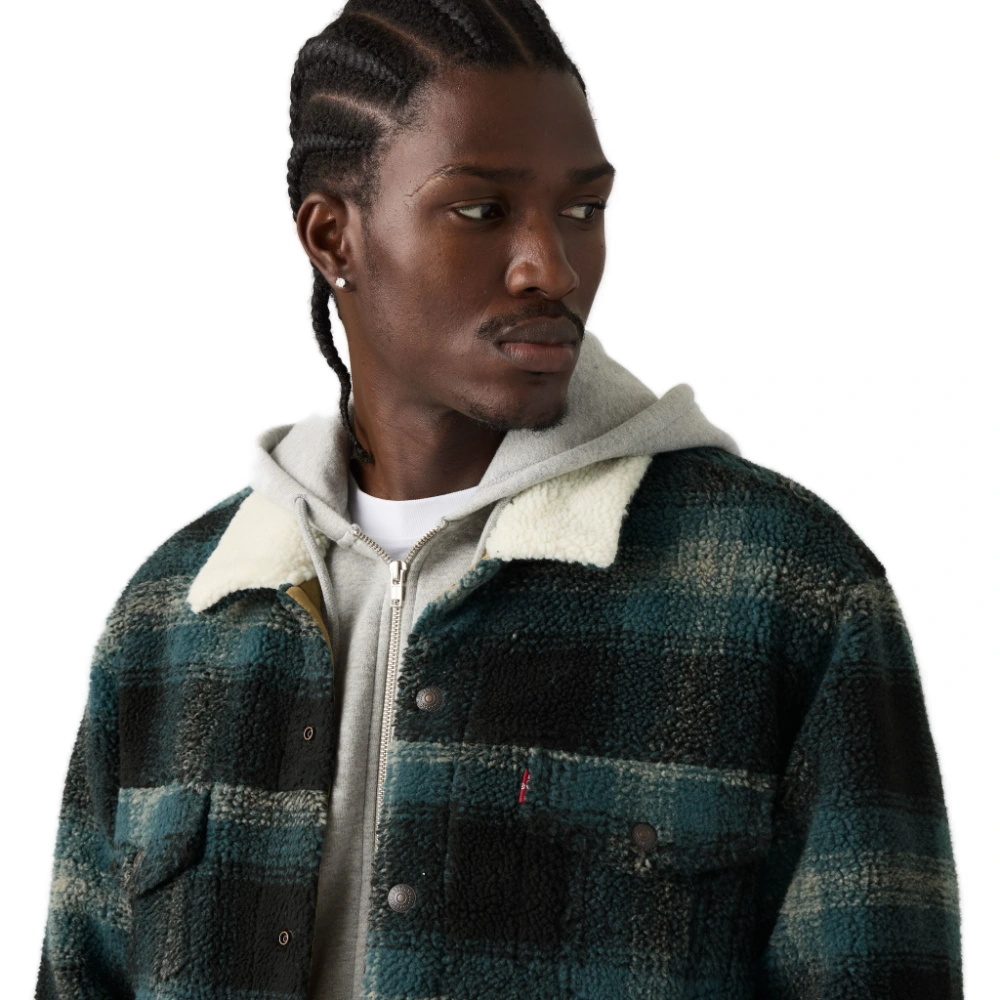 Ανδρικό καρό μπουφάν Levi's Type 3 Sherpa Padded Trucker Jacket σε γκρι πράσινο χρώμα διαθέσιμο στο ns97.gr Kastoria.